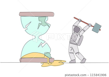 Continuous one line drawing astronaut preparing to hit the big hourglass. Remove reminders. Work without rules. Undisciplined. Detrimental to the company. Single line draw design vector illustration 115841906