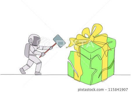 Single continuous line drawing young astronaut preparing to hit the big gift box. Cosmonaut express disappointment. Destroying everything in sight. Angry. Madness. One line design vector illustration Single continuous line drawing young astronaut preparing to hit the big gift box. Cosmonaut express disappointment. Destroying everything in sight. Angry. Madness. One line design vector illustration 115841907