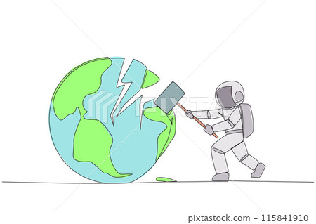 Continuous one line drawing astronaut preparing to hit the big globe. Disappointed with the world. Businesses fall apart before it grow. Deepest anger. Single line draw design vector illustration 115841910