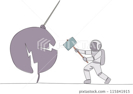 Continuous one line drawing astronaut preparing to hit big swinging pendulum. Metaphor eliminate business distraction. Number one to be a business keeper. Single line draw design vector illustration 115841915