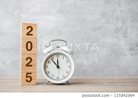 Happy New Year with vintage alarm clock and 2025 block. Christmas, New Start, Resolution, countdown, Goals, Plan, Action and Motivation Concept Happy New Year with vintage alarm clock and 2025 block. Christmas, New Start, Resolution, countdown, Goals, Plan, Action and Motivation Concept 115842064
