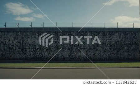 A dark and moody wall with intricate patterns, topped with barbed wire under a cloudy sky. The scene evokes a sense of mystery and isolation. 115842623
