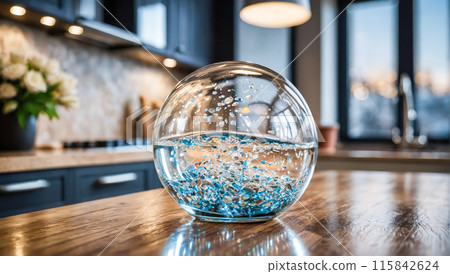 A sparkling glass orb filled with colorful elements, placed on a wooden surface in a modern kitchen. The setting is cozy and inviting, with soft lighting enhancing the decorative piece. 115842624