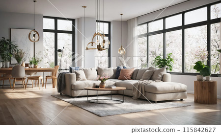 A spacious and stylish living and dining area with large windows showcasing a view of blossoming trees. The room features a comfortable sectional sofa and elegant decor. 115842627