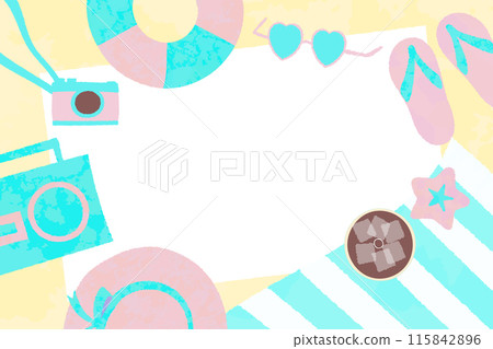 Retro cute beach illustrations and frames in yellow and pink 115842896