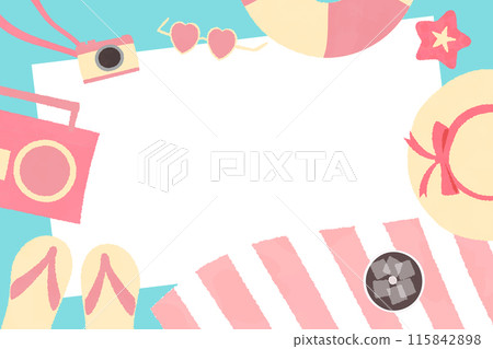 Retro cute beach illustrations and frames in yellow, pink and light blue Retro cute beach illustrations and frames in yellow, pink and light blue 115842898