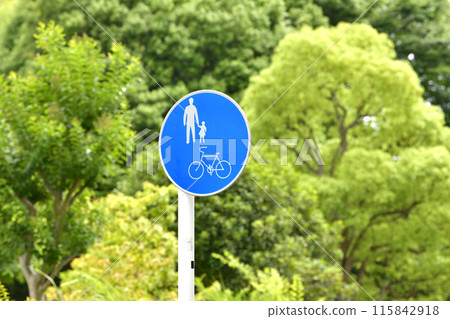 Yokohama cityscape in Japan: "Bicycle and pedestrian only road" sign stands out against the beautiful greenery = Yokohama city 115842918