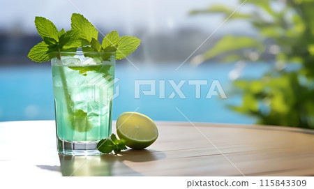 A refreshing summer drink by the pool 115843309