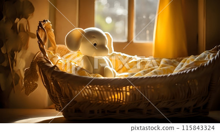 A stuffed elephant sits in a wicker basket near a sunlit window A stuffed elephant sits in a wicker basket near a sunlit window 115843324