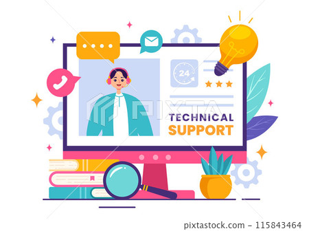 Vector Illustration of a Technical Support System featuring Software Development, Customer Service and Technology Help in a Flat Cartoon Background 115843464