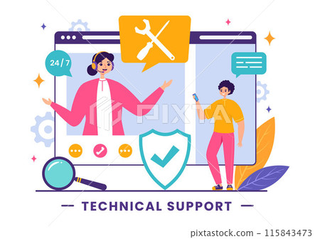 Vector Illustration of a Technical Support System featuring Software Development, Customer Service and Technology Help in a Flat Cartoon Background 115843473