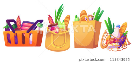 Supermarket grocery bag and food cart cartoon 115843955