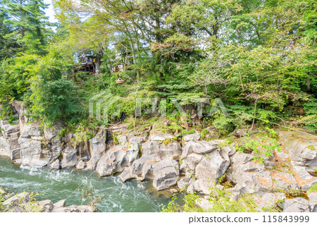 Genbikei's specialty "Flying Dumplings" or Cuckoo Dumplings: A basket flies down a rope from the opposite bank 115843999