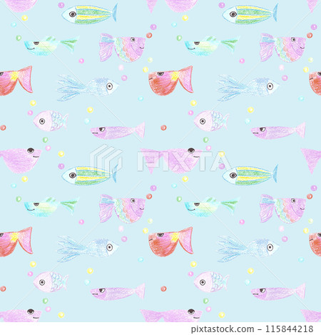 Hand drawn wax crayon colorful fish drawing seamless pattern isolated on blue background. Marine illustration can be used for textile, scrapbook and other printed products. 115844218