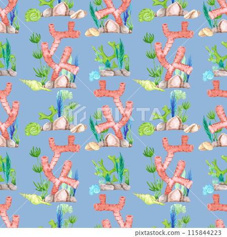 Hand drawn watercolor corals and seashells seamless pattern isolated on blue background. Marine illustration can be used for textile, fabric, wrapping and other printed products. 115844223