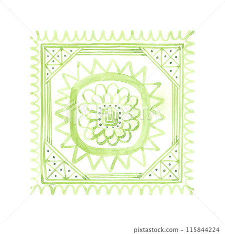 Hand drawn watercolor green tile ornament isolated on white background. Illustration can be used for card, label, pattern and other printed products. 115844224