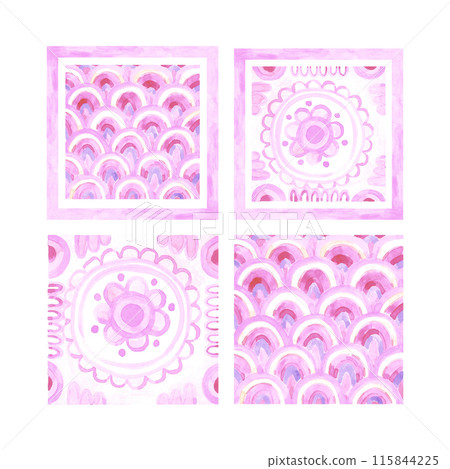 Hand drawn watercolor pink tile ornament isolated on white background. Illustration can be used for card, label, pattern and other printed products. Hand drawn watercolor pink tile ornament isolated on white background. Illustration can be used for card, label, pattern and other printed products. 115844225