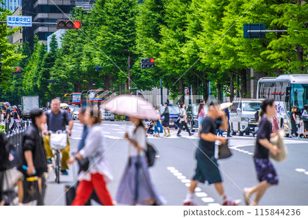 Tokyo cityscape in Japan: Bicycles going the wrong way... Inbound tourism is back... Popular Tokyo sightseeing... Tokyo Station bustling with tourists... 115844236