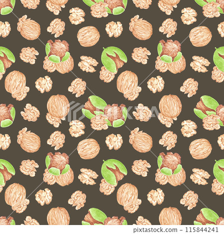 Hand drawn watercolor walnut seamless pattern isolated on dark background. Can be used for textile, fabric, wrapping and other printed products. Hand drawn watercolor walnut seamless pattern isolated on dark background. Can be used for textile, fabric, wrapping and other printed products. 115844241