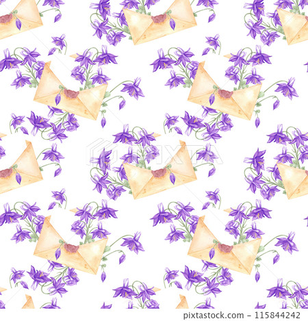 Hand drawn watercolor letter with aquilegia flowers seamless pattern isolated on white background. Can be used for textile, fabric and other printed products. 115844242