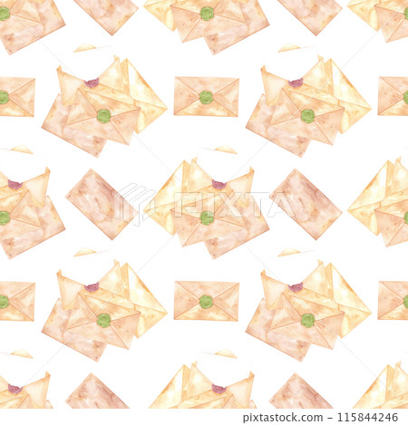 Hand drawn watercolor letters with sealing seal seamless pattern isolated on white background. Can be used for textile, fabric and other printed products. 115844246