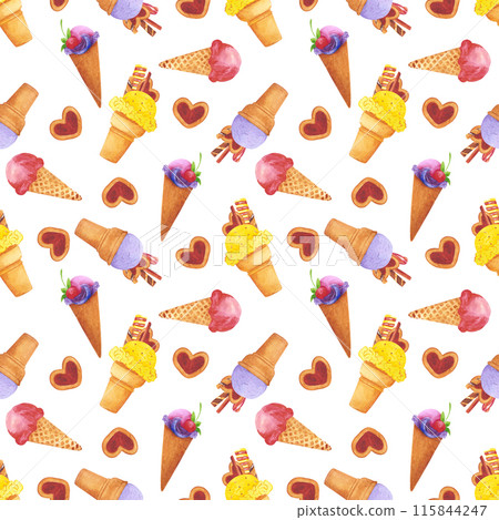 Hand drawn watercolor ice-cream cone with heart cookies seamless pattern isolated on white background. Can be used for textile, fabric, wrapping and other printed products. Hand drawn watercolor ice-cream cone with heart cookies seamless pattern isolated on white background. Can be used for textile, fabric, wrapping and other printed products. 115844247