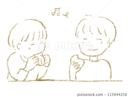 Two kids eating snacks together, hand-drawn line drawing illustration Two kids eating snacks together, hand-drawn line drawing illustration 115844258