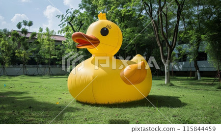 Giant Inflatable Yellow Duck in Outdoor Park with Greenery and Blue Sky Background 115844459