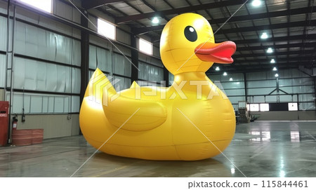 Giant Inflatable Yellow Rubber Duck in Warehouse Industrial Setting 115844461
