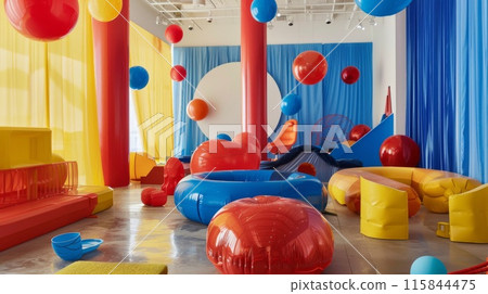 Colorful Inflatable Art Installation in a Modern Gallery Space with Bright Red, Blue, and Yellow Decor Elements 115844475