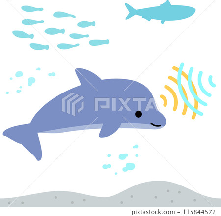 A deformed illustration of a dolphin swimming while emitting ultrasound 115844572
