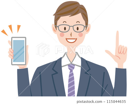 一個穿著西裝的男人拿著智慧型手機，指著，解釋 115844635
