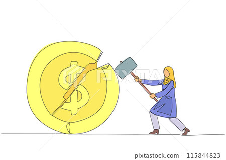 Continuous one line drawing Arab businesswoman preparing to hit coin with dollar symbol. Failed to get new investor. Failed to get income. Expressing anger. Single line draw design vector illustration Continuous one line drawing Arab businesswoman preparing to hit coin with dollar symbol. Failed to get new investor. Failed to get income. Expressing anger. Single line draw design vector illustration 115844823