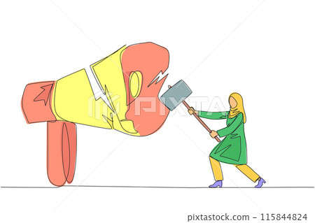Single one line drawing Arabian businesswoman preparing to hit a big megaphone. Destroy of hoax information that damage business stability. Destroy slander. Continuous line design graphic illustration Single one line drawing Arabian businesswoman preparing to hit a big megaphone. Destroy of hoax information that damage business stability. Destroy slander. Continuous line design graphic illustration 115844824