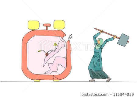 Single continuous line drawing Arab businesswoman preparing to hit alarm clock. Can't manage time well. Many business opportunities disappear. Angry businesswoman. One line design vector illustration Single continuous line drawing Arab businesswoman preparing to hit alarm clock. Can't manage time well. Many business opportunities disappear. Angry businesswoman. One line design vector illustration 115844839