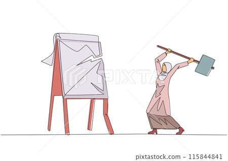 Single one line drawing Arab businesswoman preparing to hit the big flip chart. Rampage. Destroy business reports that are not as desired. Anger exploded. Continuous line design graphic illustration 115844841