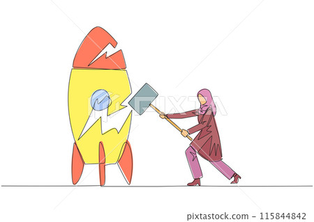 Single continuous line drawing Arabian businesswoman preparing to hit standing rocket. Rampage. Not ready to accept new technology. Not ready for competition. Lost. One line design vector illustration 115844842