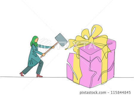 Continuous one line drawing Arabian businesswoman preparing to hit big gift box. Businessman express disappointment. Destroying everything in sight. Angry. Single line draw design vector illustration Continuous one line drawing Arabian businesswoman preparing to hit big gift box. Businessman express disappointment. Destroying everything in sight. Angry. Single line draw design vector illustration 115844845