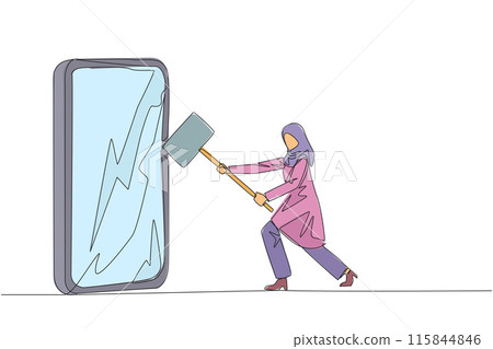 Single continuous line drawing Arabian businesswoman preparing to hit the big smartphone. Technology can destructive if not use properly. Intelligence is required. One line design vector illustration Single continuous line drawing Arabian businesswoman preparing to hit the big smartphone. Technology can destructive if not use properly. Intelligence is required. One line design vector illustration 115844846