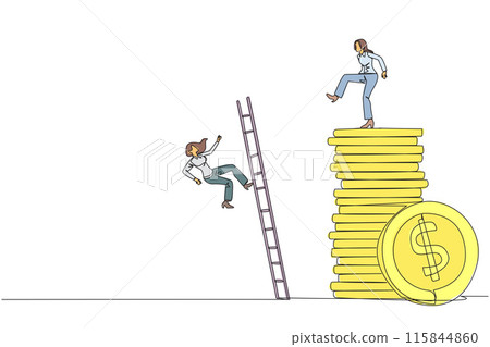 Continuous one line drawing businesswoman kicks opponent who climbs pile of coins with ladder. Greed for wealth. Forgetting comrades in arms. The traitor. Single line draw design vector illustration Continuous one line drawing businesswoman kicks opponent who climbs pile of coins with ladder. Greed for wealth. Forgetting comrades in arms. The traitor. Single line draw design vector illustration 115844860