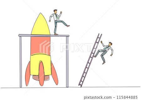 Single continuous line drawing businessman kicks opponent who climbing the rocket with ladder. Failure to open new business. Cheated by business friend. Traitor. One line design vector illustration 115844885