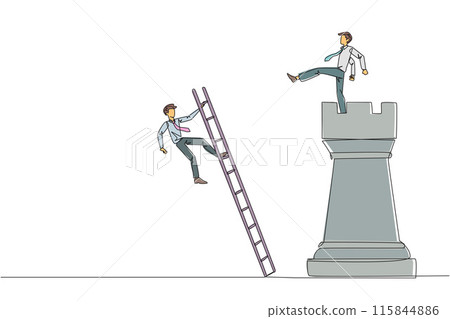 Single one line drawing businessman kicks opponent who climbing the chess rook with ladder. Wrong move. Wrong strategy. Plan leaked by colleague. Traitor. Continuous line design graphic illustration 115844886