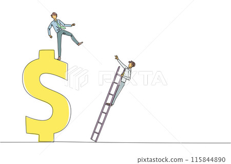 Single continuous line drawing businessman kicks his rival who is climbing a dollar symbol with ladder. Unhealthy competition. Using rough methods to bring down. One line design vector illustration Single continuous line drawing businessman kicks his rival who is climbing a dollar symbol with ladder. Unhealthy competition. Using rough methods to bring down. One line design vector illustration 115844890