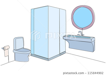 Single continuous line drawing stylish bathroom with full furniture modern. Separation of dry toilets and wet toilets with the installation of a shower cubicle. One line design vector illustration Single continuous line drawing stylish bathroom with full furniture modern. Separation of dry toilets and wet toilets with the installation of a shower cubicle. One line design vector illustration 115844902