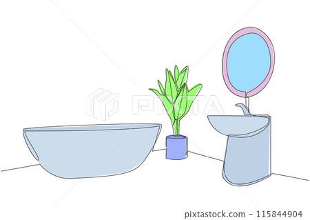 Continuous one line drawing stylish bathroom with furniture modern. There is a mini bathtub and sink that are parallel. Simple bathroom furniture layout. Single line draw design vector illustration Continuous one line drawing stylish bathroom with furniture modern. There is a mini bathtub and sink that are parallel. Simple bathroom furniture layout. Single line draw design vector illustration 115844904