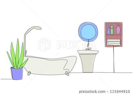 Single continuous line drawing mini bathtub with shower and sink. Simple layout at bathroom. Classic that gives an elegant impression. The bathroom is kept clean. One line design vector illustration 115844910