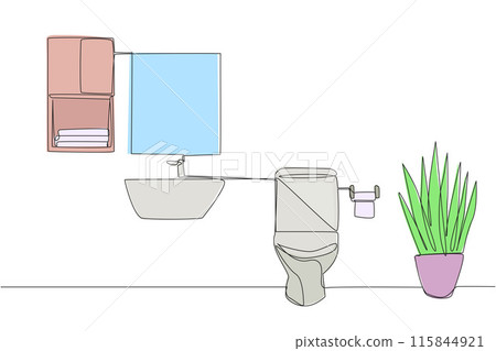 Single continuous line drawing stylish bathroom with full furniture modern. Well maintained dry type bathroom. Hygienic bathroom. Simple design interior. Clean. One line design vector illustration Single continuous line drawing stylish bathroom with full furniture modern. Well maintained dry type bathroom. Hygienic bathroom. Simple design interior. Clean. One line design vector illustration 115844921