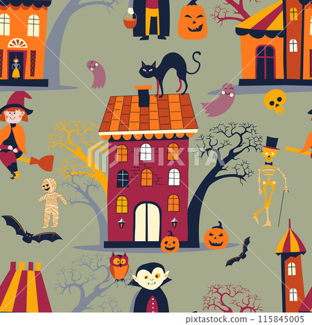 Colorful Halloween Haunted House Scene Colorful Halloween Haunted House Scene 115845005