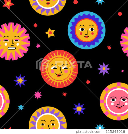 Sun Faces on Black Background Sun Faces on Black Background 115845016