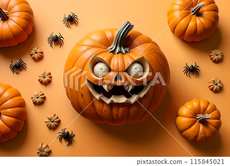 Halloween card, scarecrow in orange tracksuit with pumpkin Halloween card, scarecrow in orange tracksuit with pumpkin 115845021